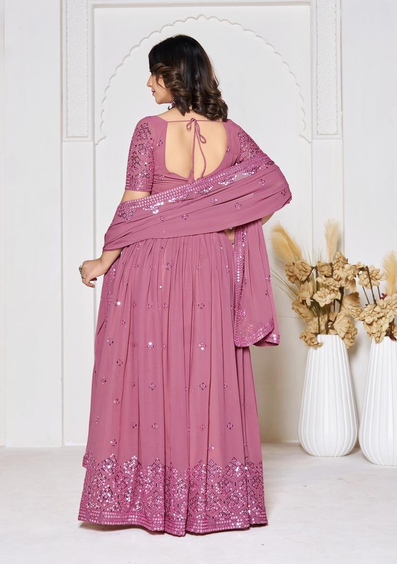 Dusty Pink Embroidered Georgette Lehenga Set - Indya