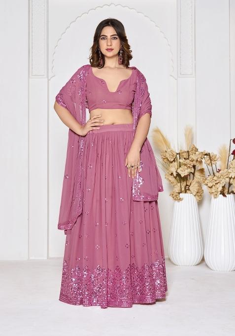 Dusty Pink Embroidered Georgette Lehenga Set