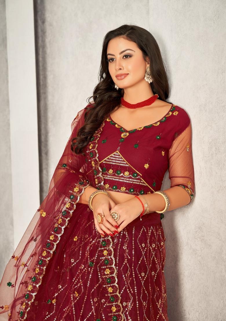 Maroon Embroidered Net Lehenga Set - Indya