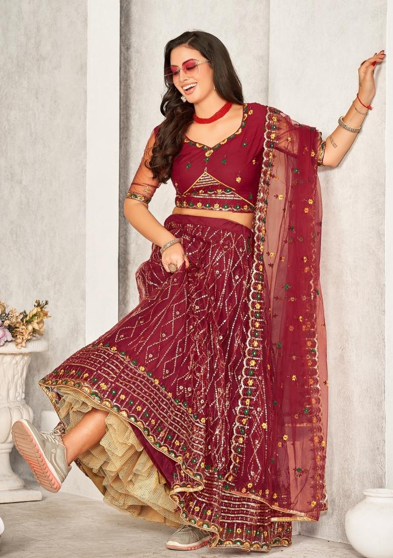 Maroon Embroidered Net Lehenga Set - Indya