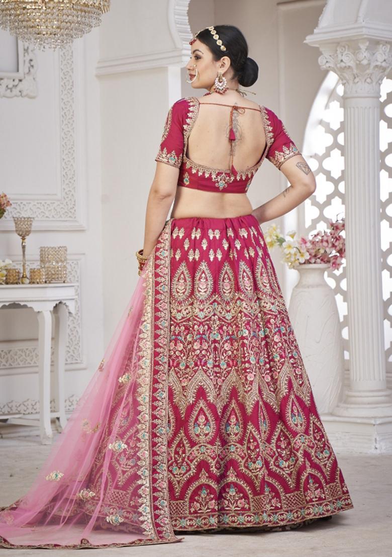 Pink Embroidered Silk Blend Lehenga Set - Indya
