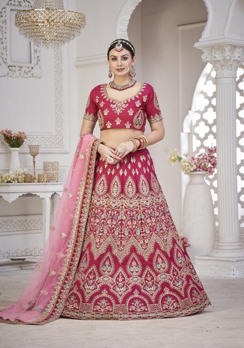 Pink Embroidered Silk Blend Lehenga Set