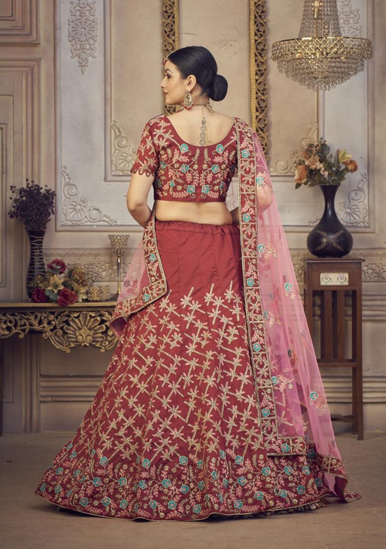 Maroon Printed Silk Blend Lehenga Set - Indya