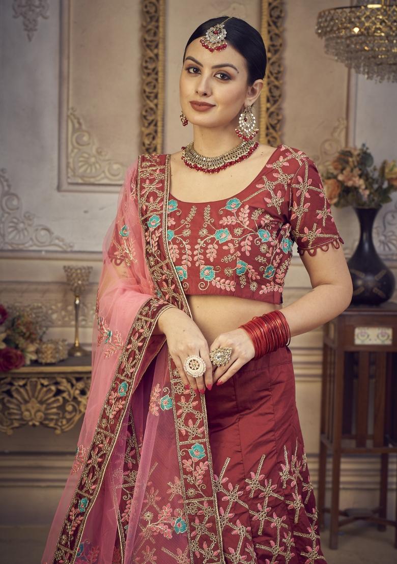 Maroon Printed Silk Blend Lehenga Set - Indya