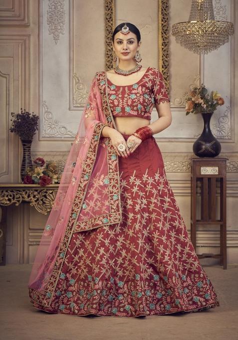 Maroon Printed Silk Blend Lehenga Set