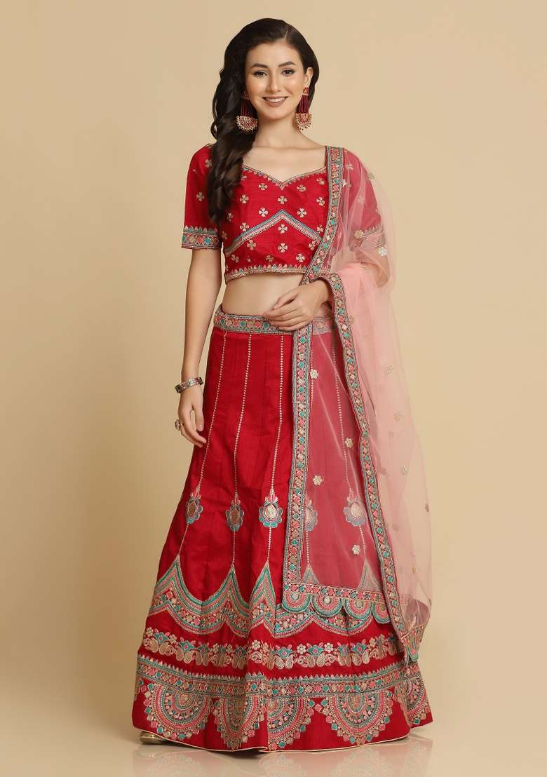Maroon Embroidered Silk Blend Lehenga Set - Indya