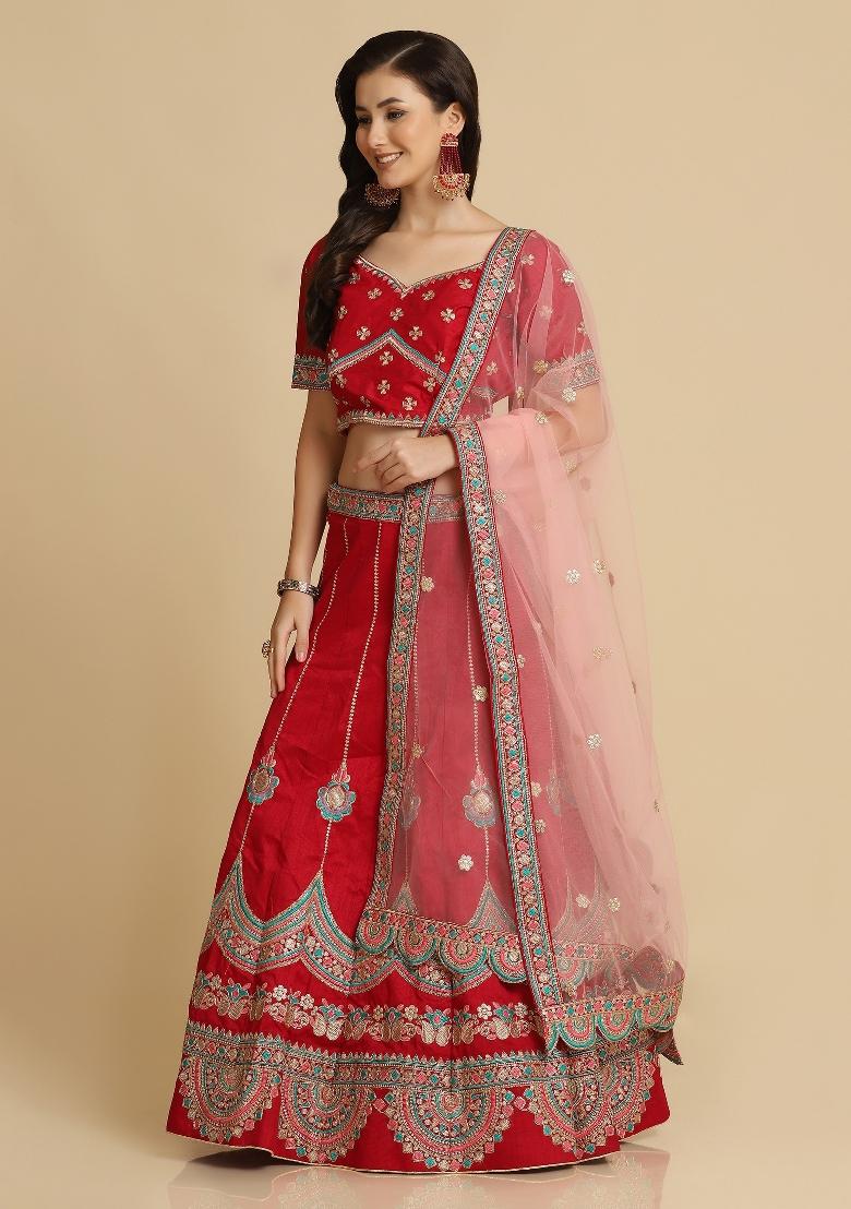 Maroon Embroidered Silk Blend Lehenga Set - Indya