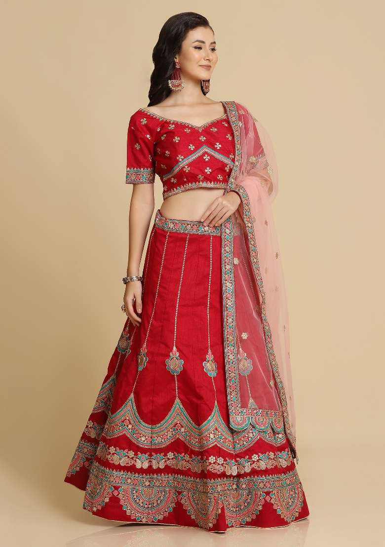 Maroon Embroidered Silk Blend Lehenga Set - Indya