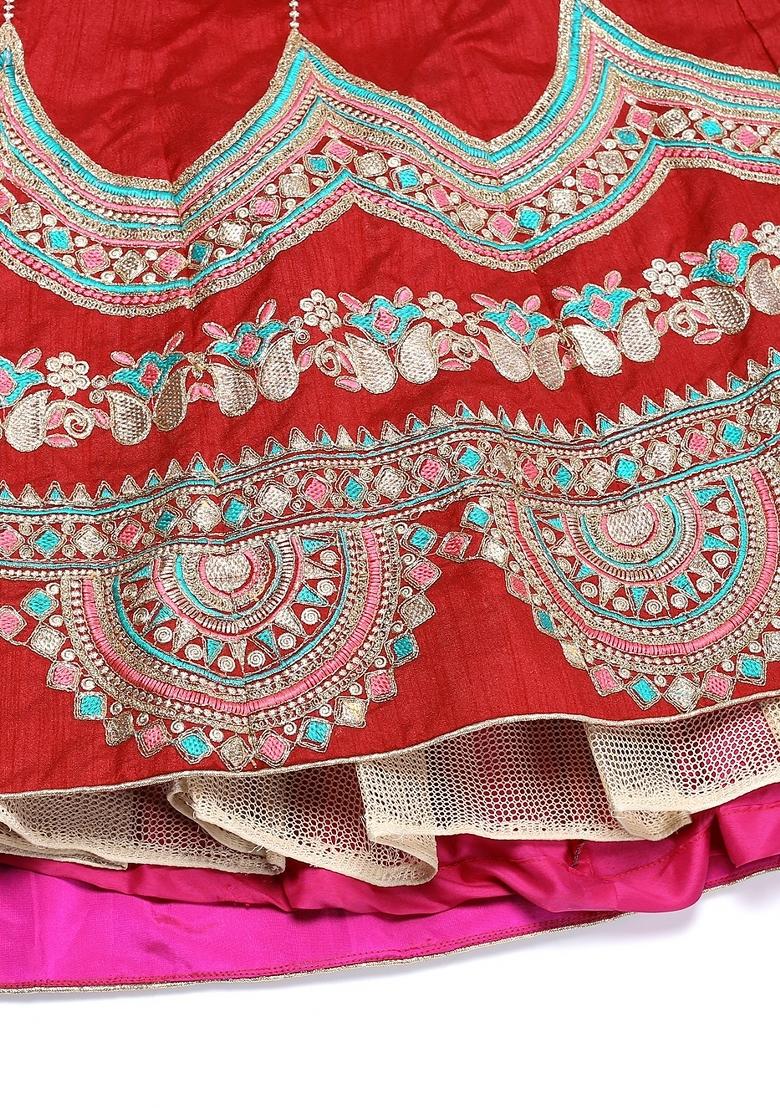 Maroon Embroidered Silk Blend Lehenga Set - Indya