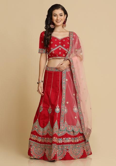Maroon Embroidered Silk Blend Lehenga Set