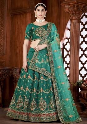 Teal Embroidered Silk Blend Lehenga Set