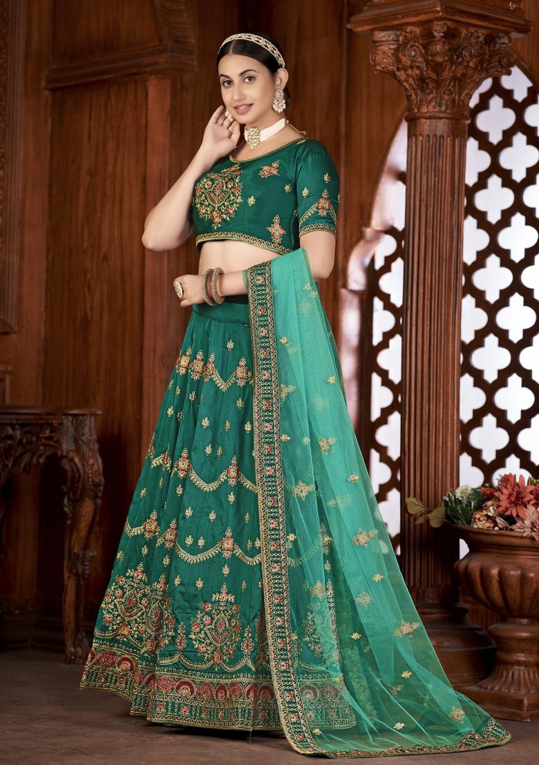 Teal Embroidered Silk Blend Lehenga Set - Indya