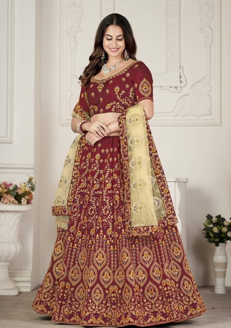 Maroon Embroidered Silk Blend Lehenga Set - Indya