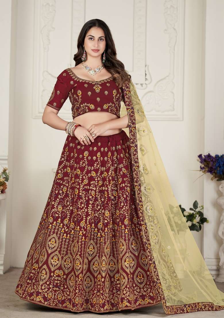 Maroon Embroidered Silk Blend Lehenga Set - Indya