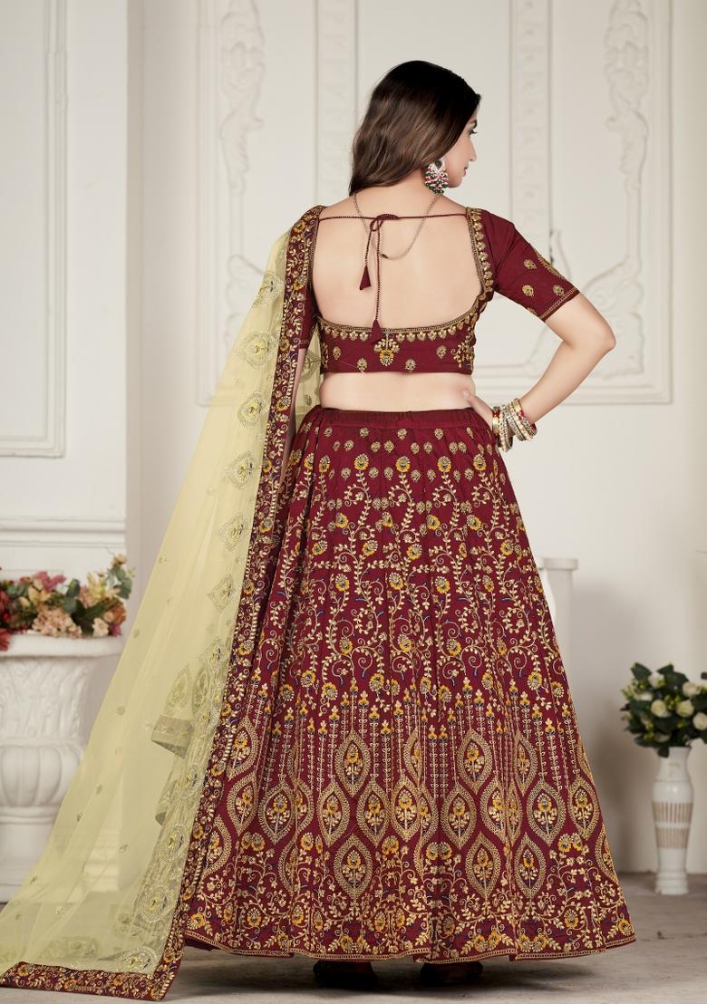 Maroon Embroidered Silk Blend Lehenga Set - Indya