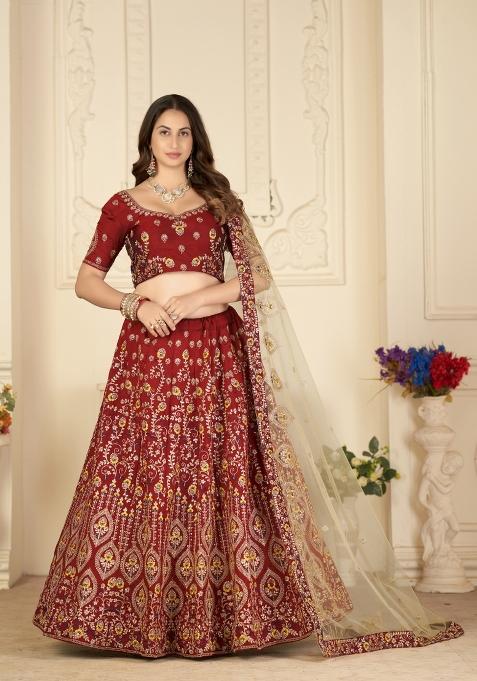 Maroon Embroidered Silk Blend Lehenga Set