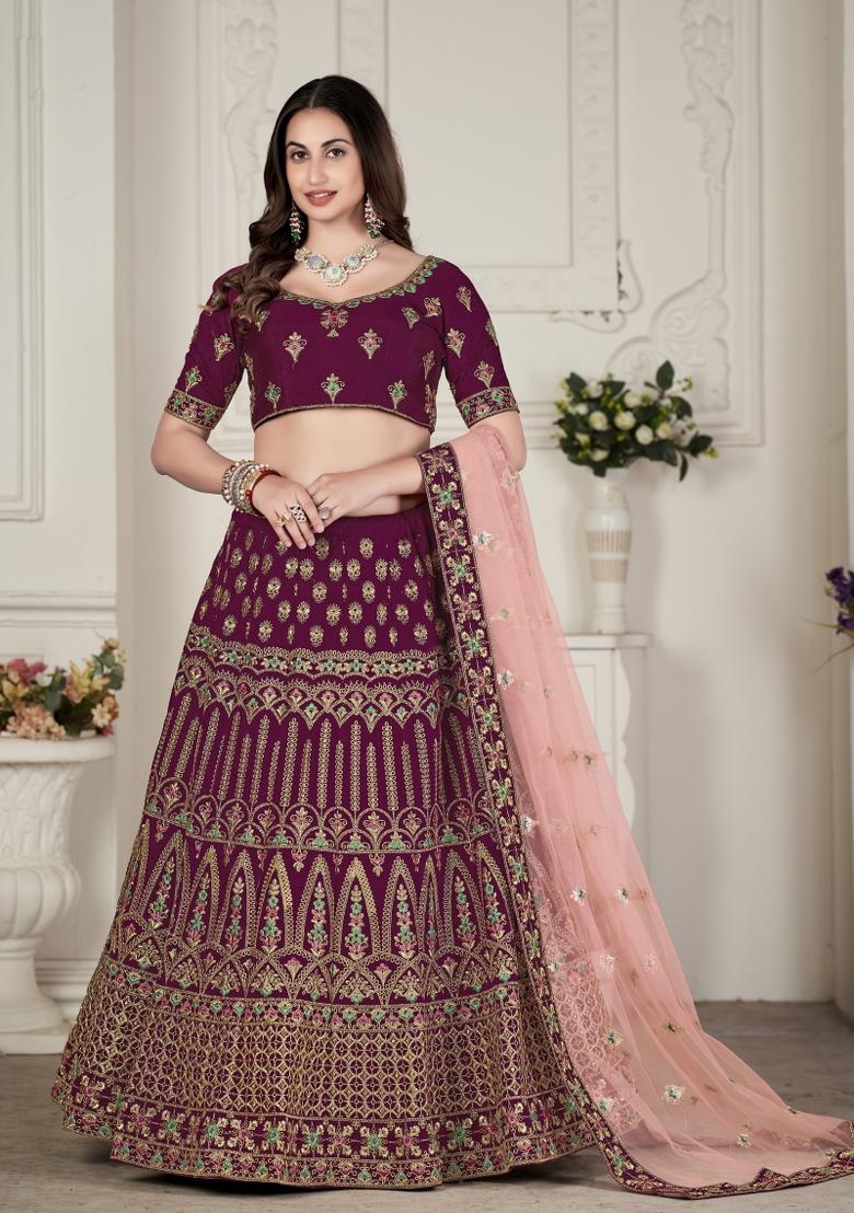 Pink Embroidered Silk Blend Lehenga Set - Indya
