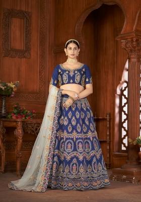 Blue Embroidered Silk Blend Lehenga Set