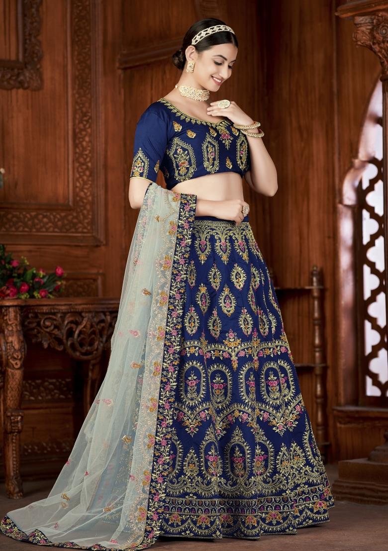 Blue Embroidered Silk Blend Lehenga Set - Indya
