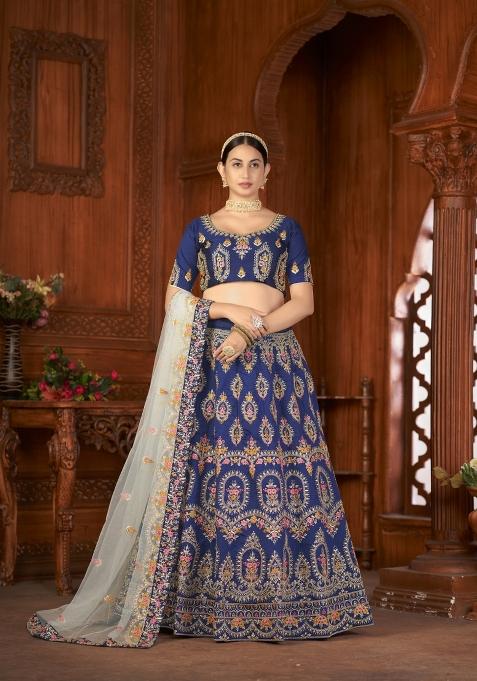 Blue Embroidered Silk Blend Lehenga Set