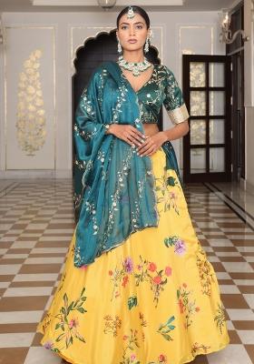 Yellow Embroidered Chinon Lehenga Set