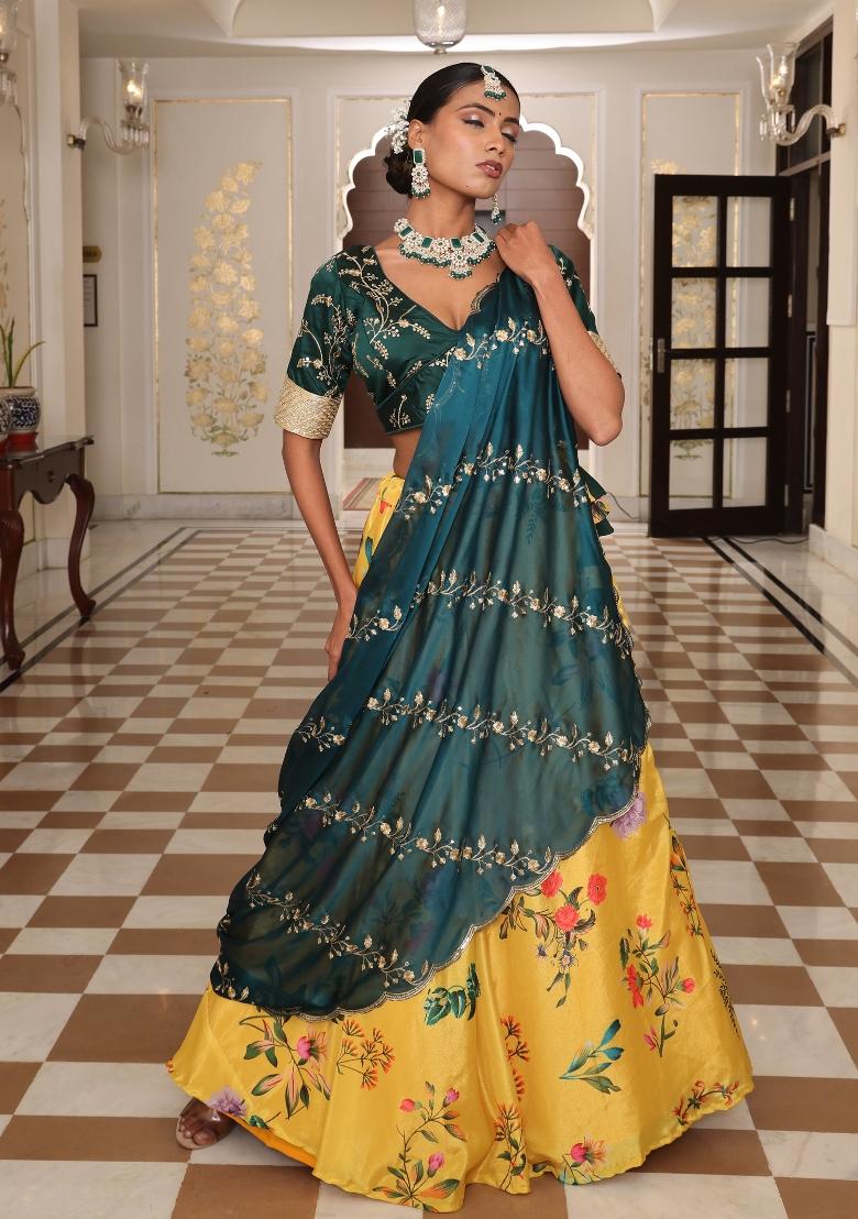 Yellow Embroidered Chinon Lehenga Set - Indya