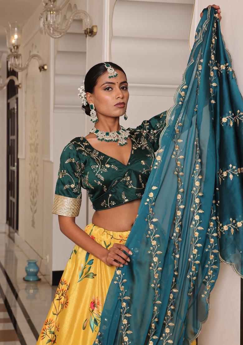 Yellow Embroidered Chinon Lehenga Set - Indya