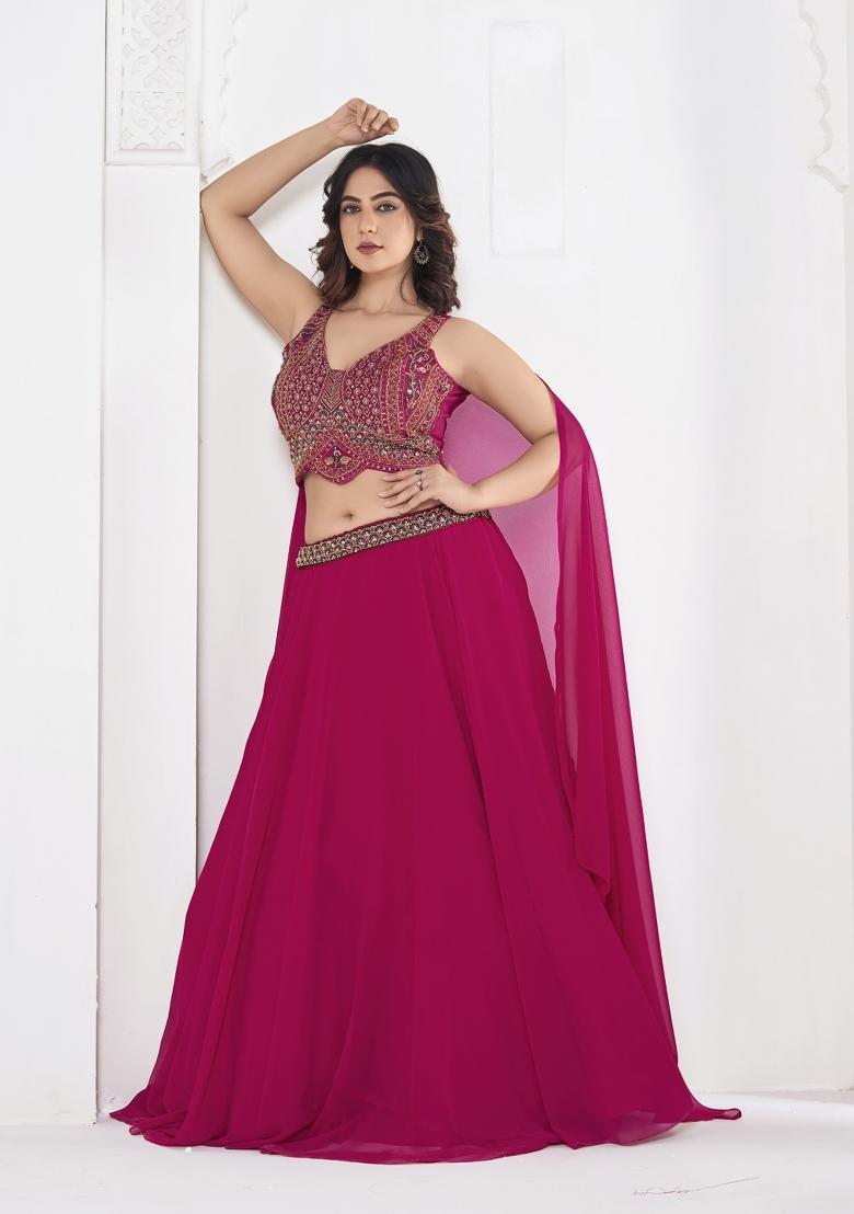 Pink Embroidered Georgette Lehenga Set - Indya