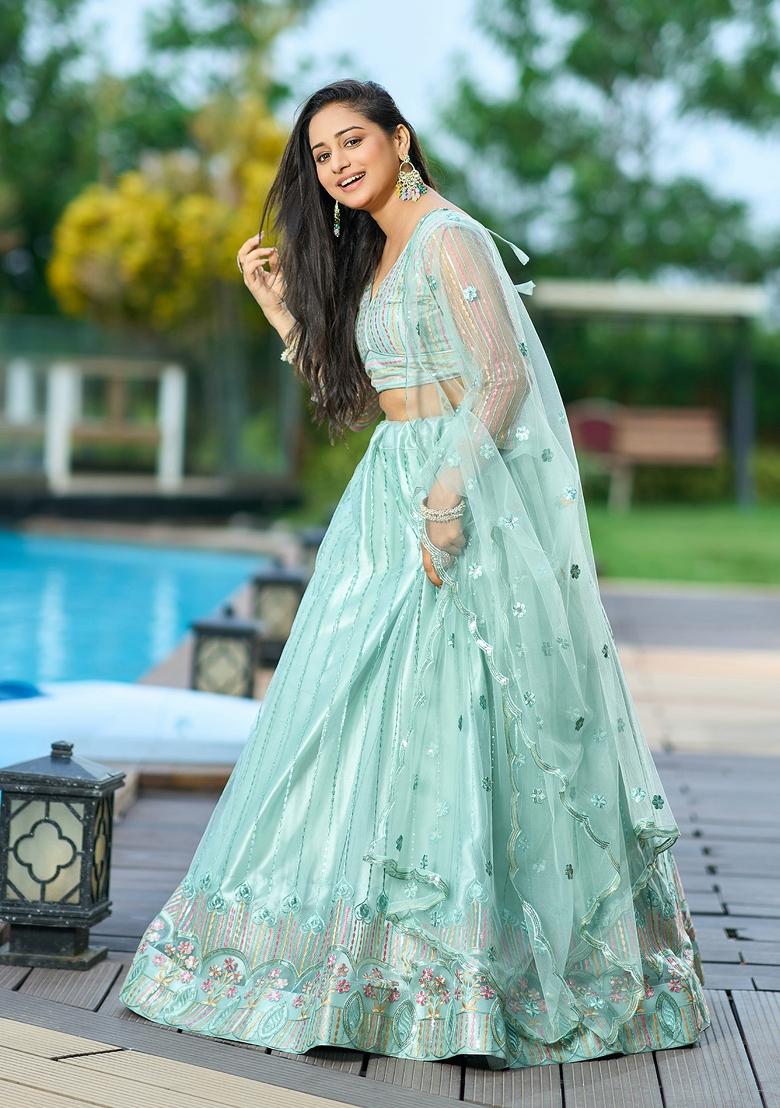 Pista Embroidered Net Lehenga Set - Indya