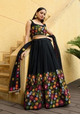 Black Embroidered Georgette Lehenga Set