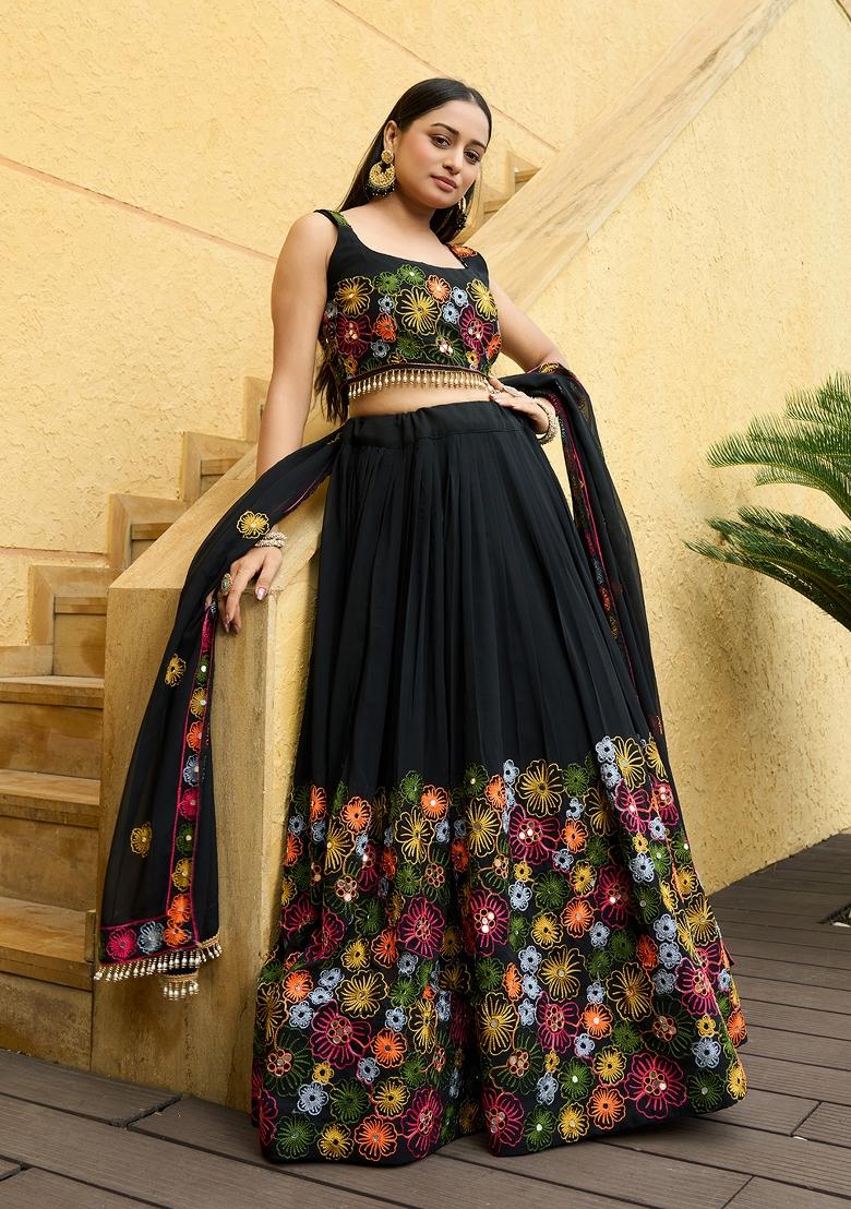 Black Embroidered Georgette Lehenga Set - Indya