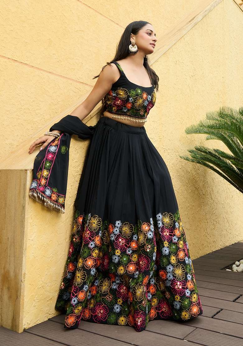 Black Embroidered Georgette Lehenga Set - Indya