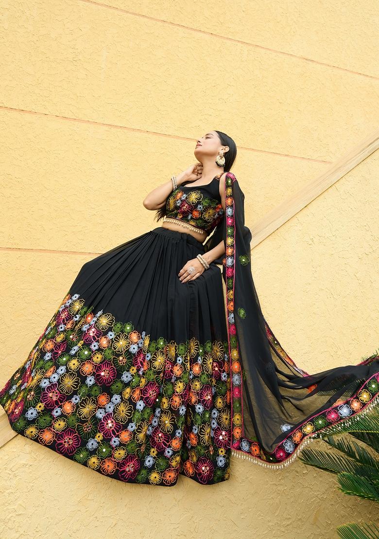 Black Embroidered Georgette Lehenga Set - Indya