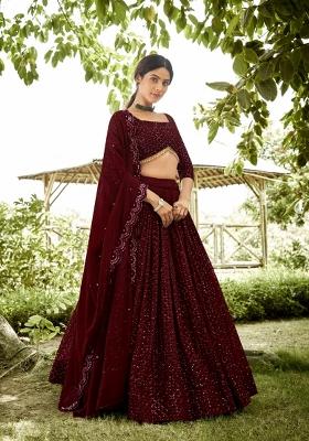 Maroon Embroidered Georgette Lehenga Set