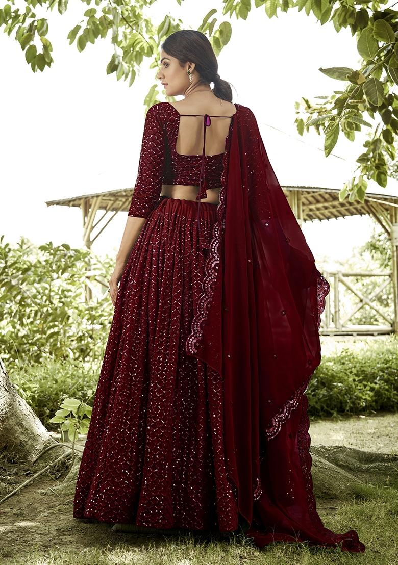 Maroon Embroidered Georgette Lehenga Set - Indya
