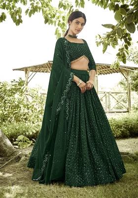 Green Embroidered Georgette Lehenga Set