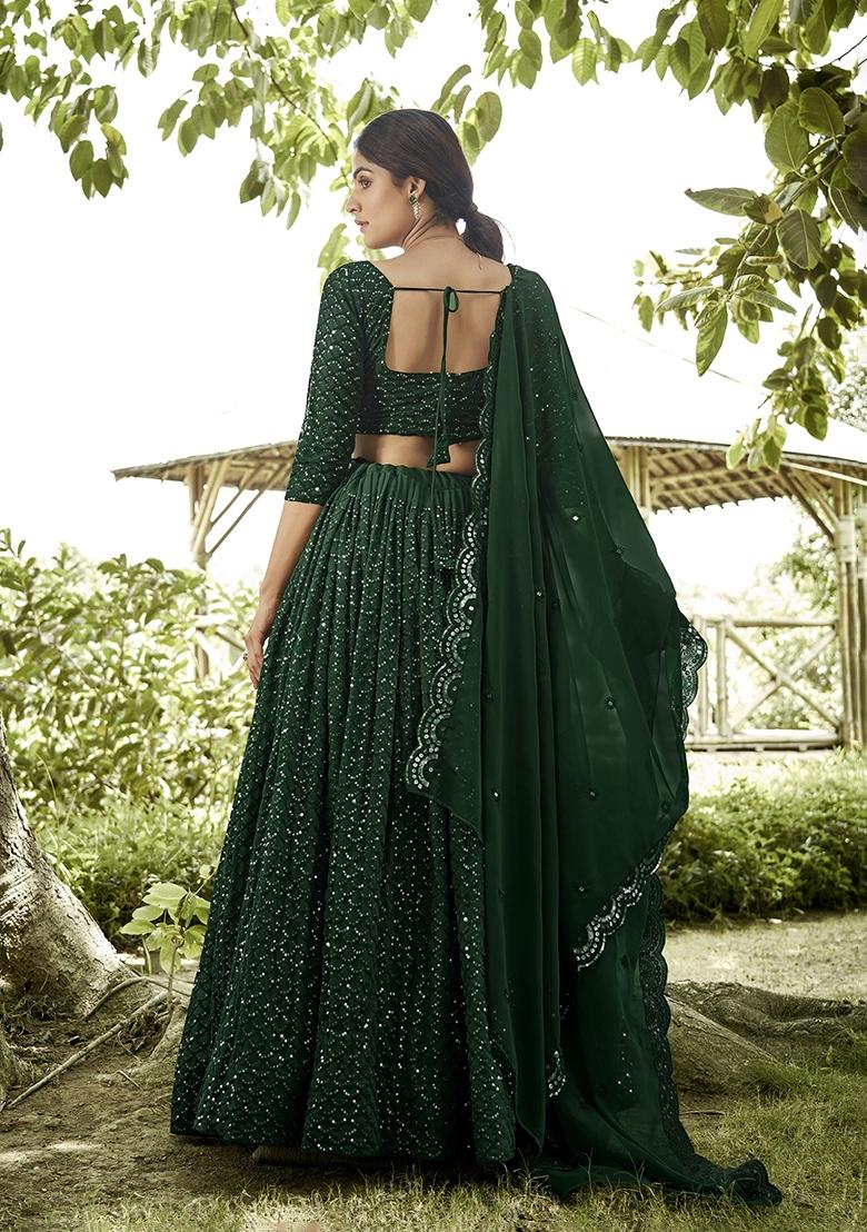 Green Embroidered Georgette Lehenga Set - Indya