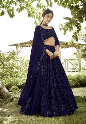 Blue Embroidered Georgette Lehenga Set