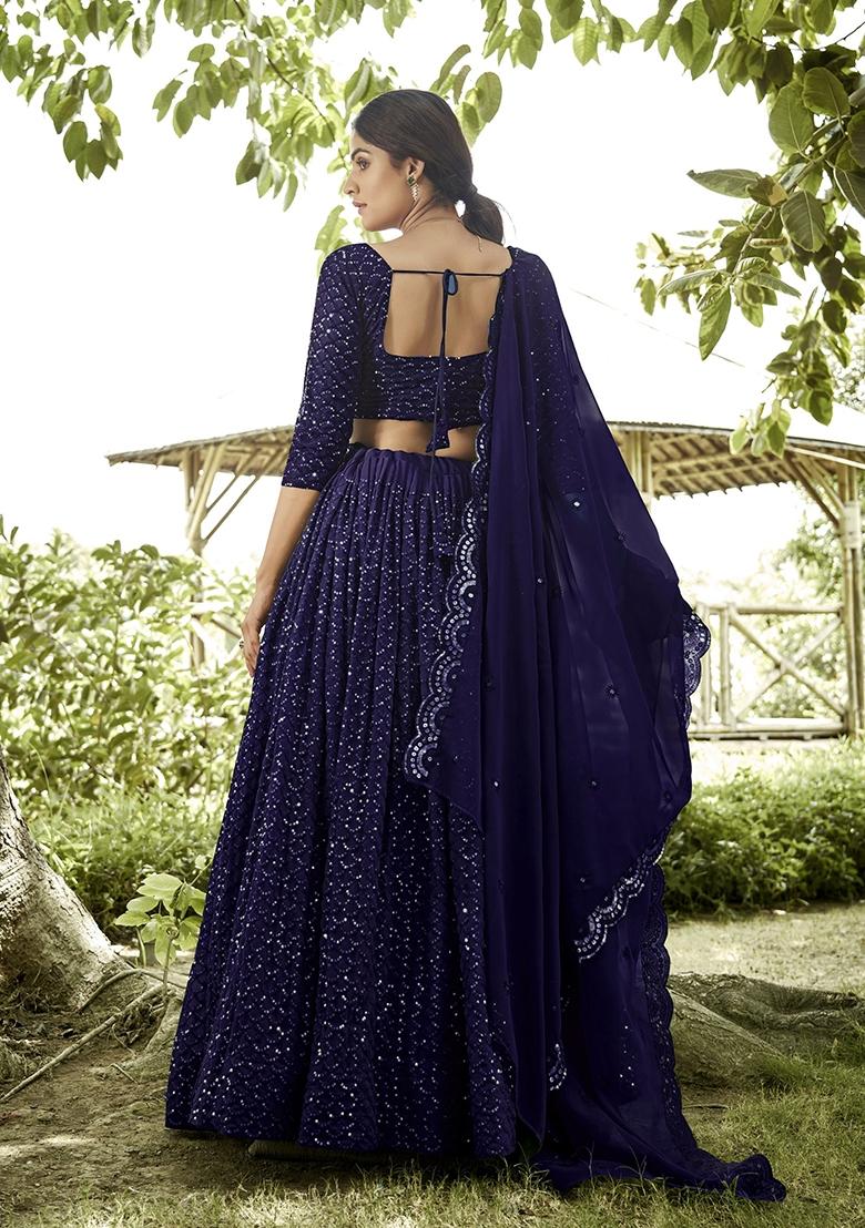 Blue Embroidered Georgette Lehenga Set - Indya
