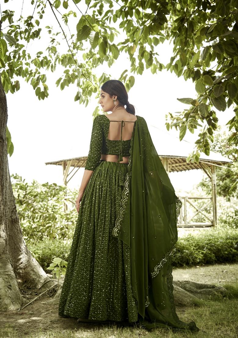 Mehendi Embroidered Georgette Lehenga Set - Indya