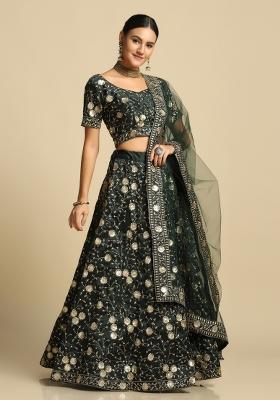 Green Embroidered Silk Blend Lehenga Set