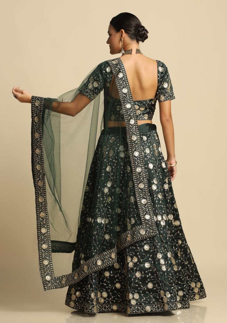 Green Embroidered Silk Blend Lehenga Set - Indya