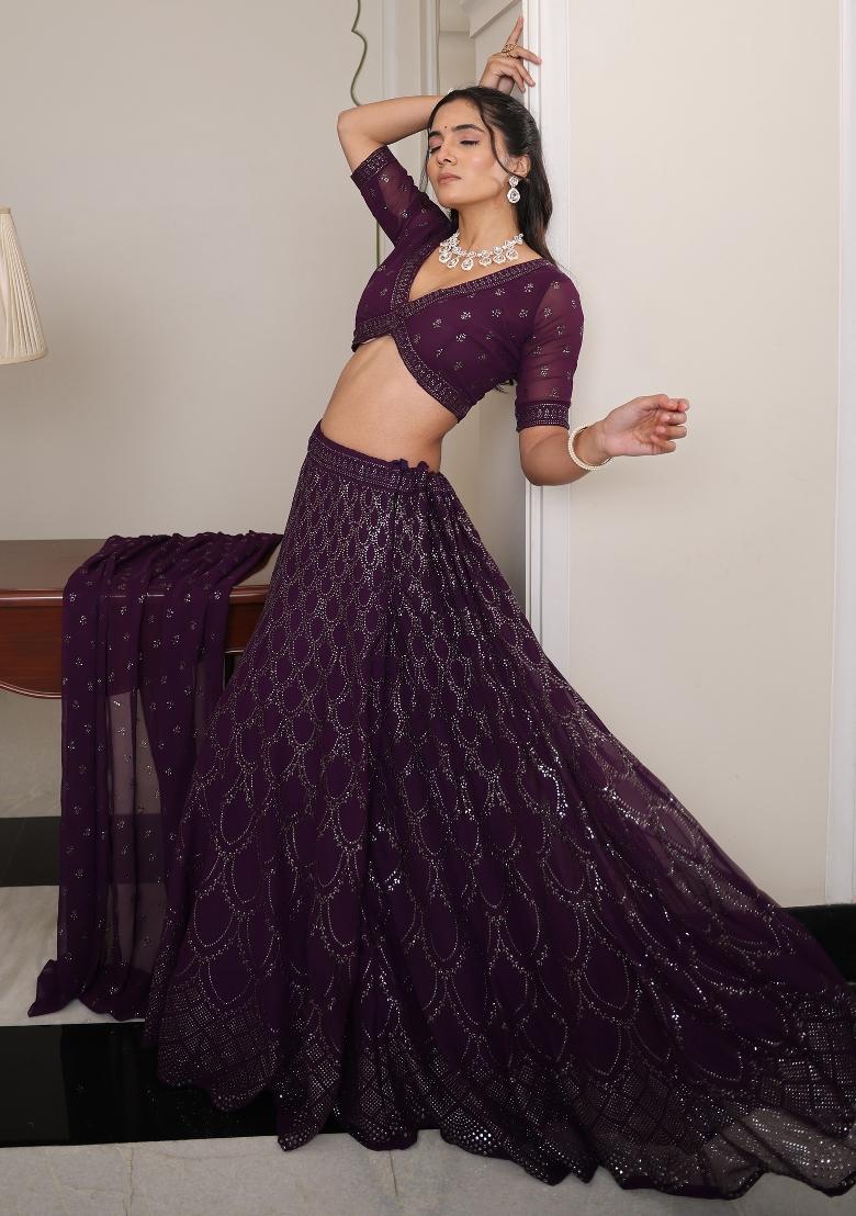Purple Embroidered Georgette Lehenga Set - Indya