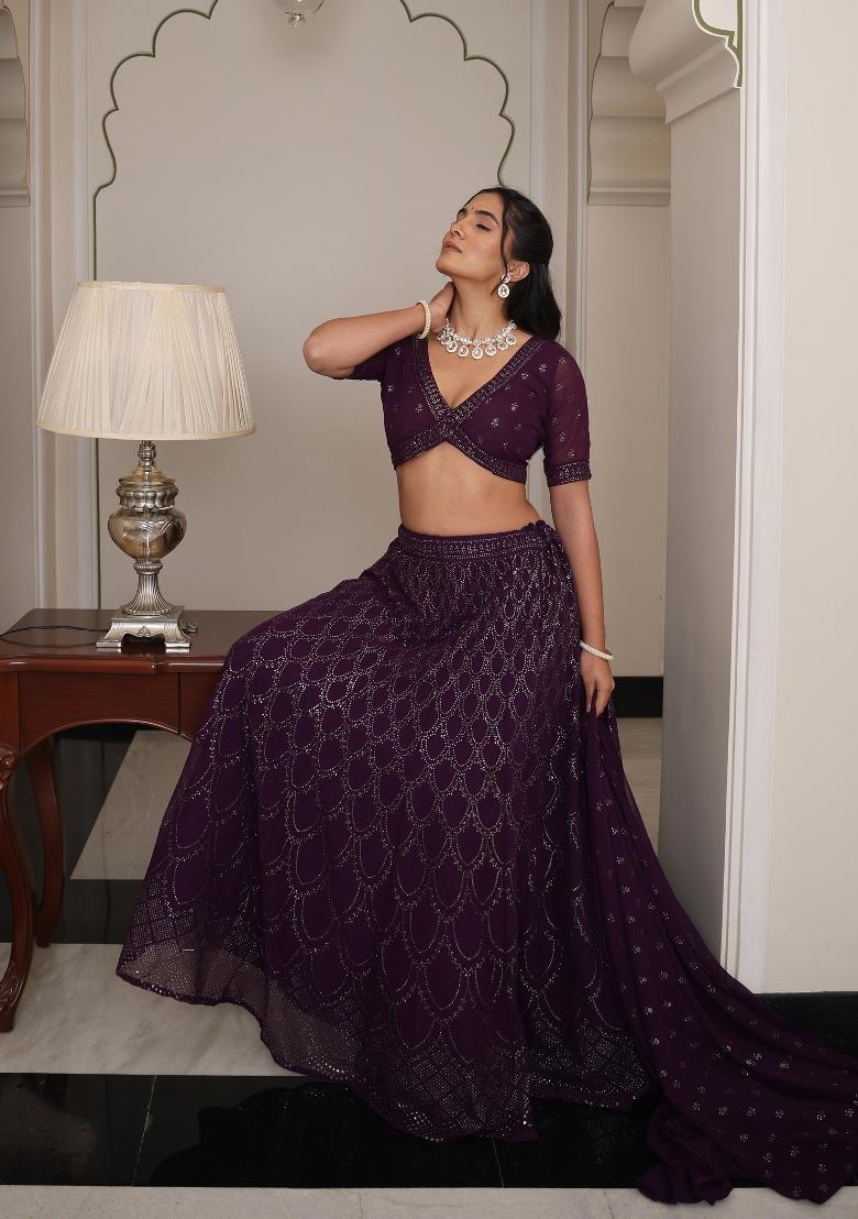 Purple Embroidered Georgette Lehenga Set - Indya
