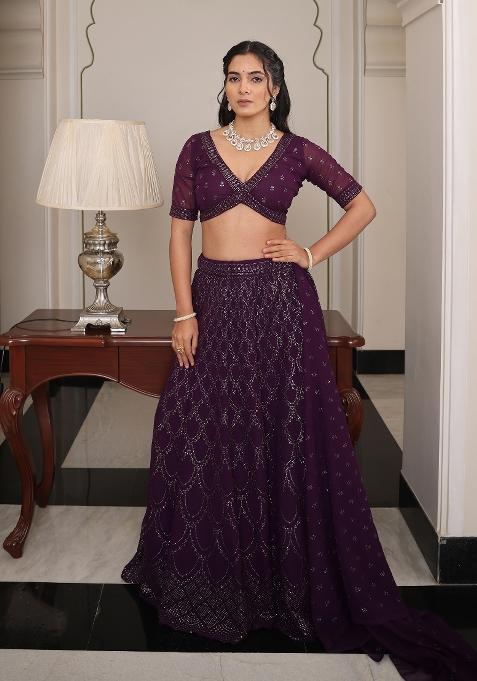 Purple Embroidered Georgette Lehenga Set