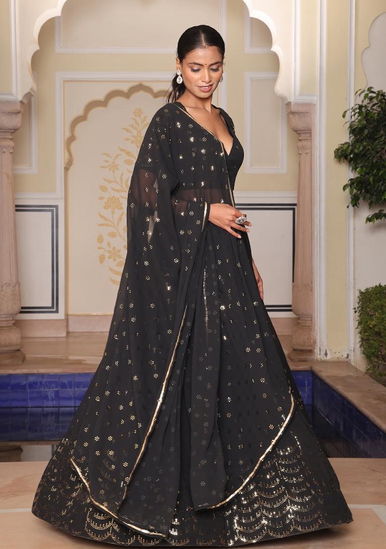 Black Embroidered Georgette Lehenga Set - Indya
