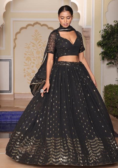 Black Embroidered Georgette Lehenga Set