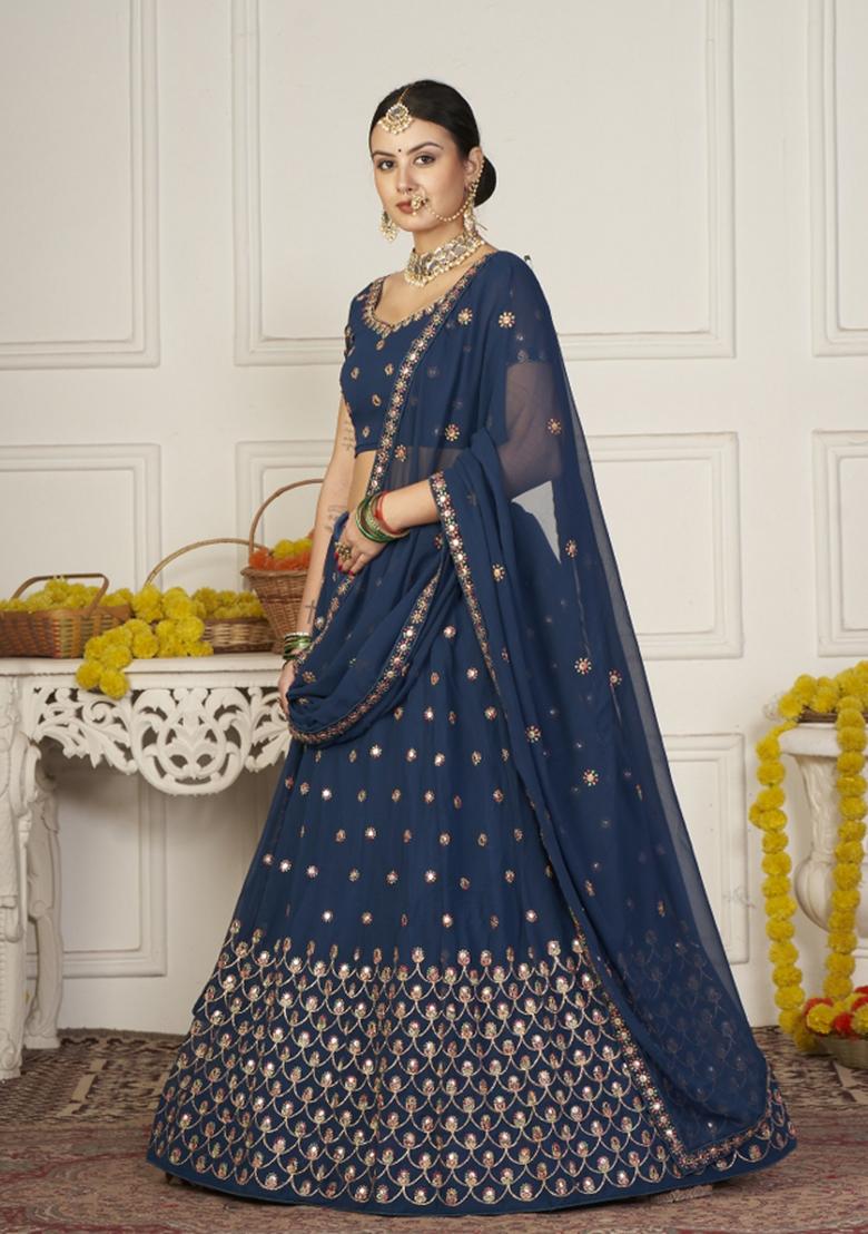 Teal Embroidered Georgette Lehenga Set - Indya