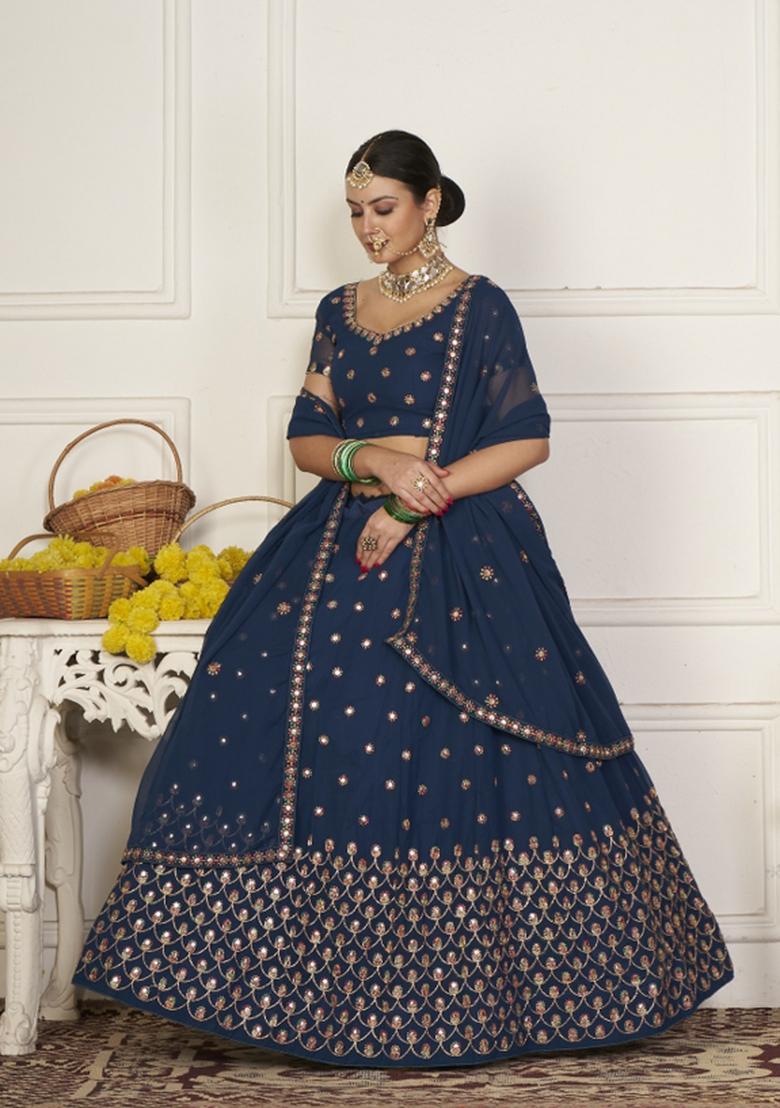 Teal Embroidered Georgette Lehenga Set - Indya