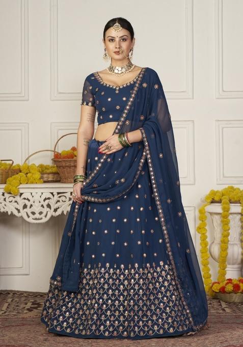 Teal Embroidered Georgette Lehenga Set